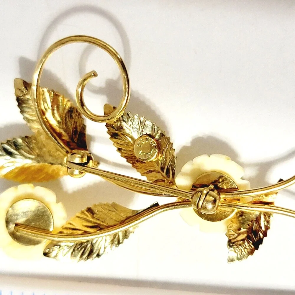 Vintage White Brooch Pin 14K GF Flower Rose Carla Signed Floral Jewelry